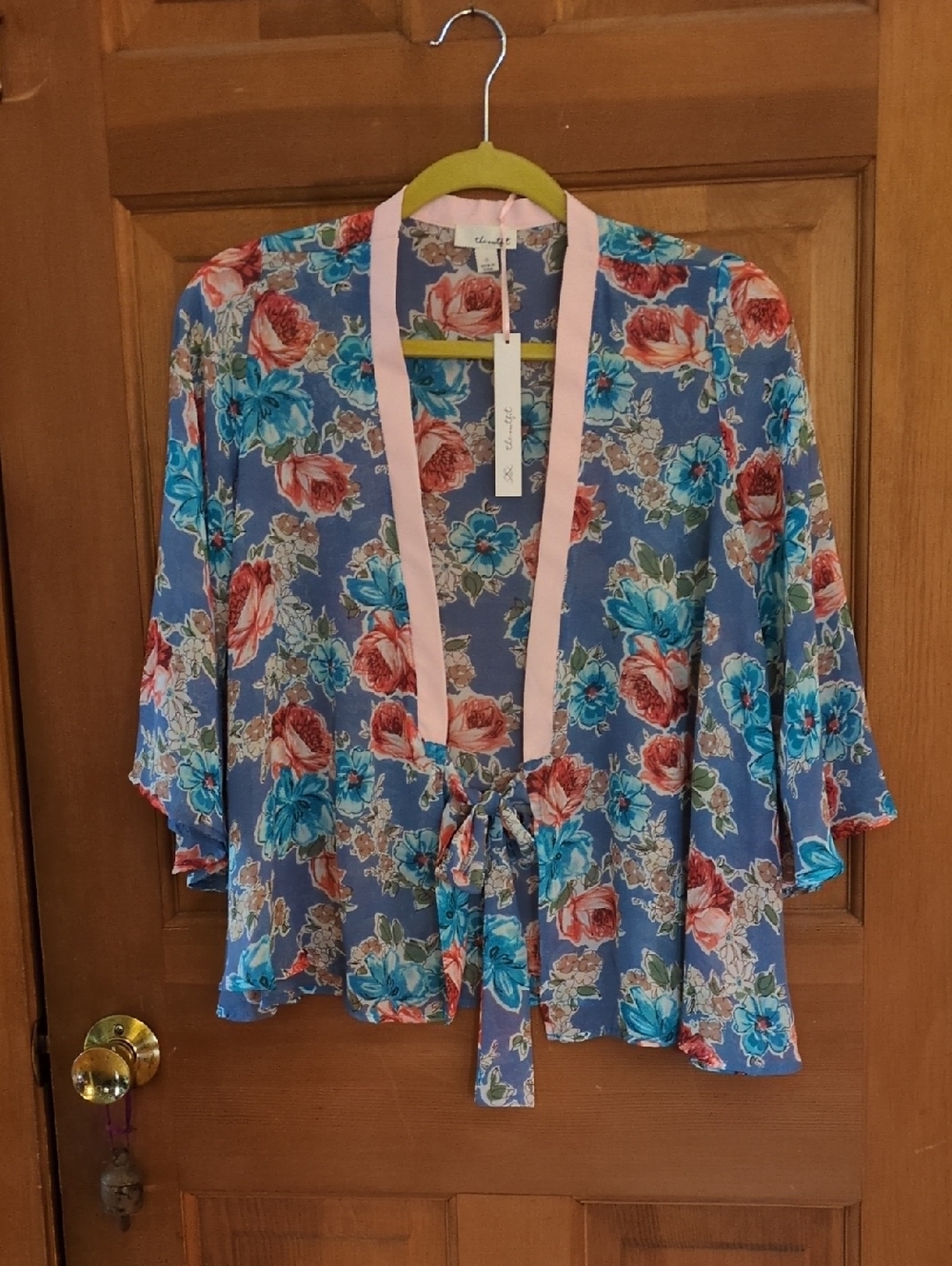 The Outfit Floral Tie-Front Chiffon Kimono Cardigan Periwinkle Blue and Pink NWT